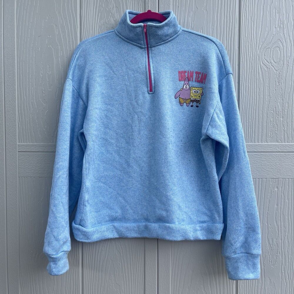 SPONGEBOB SQUAREPANTS Women’s Light Blue Fleece 1/4 Zip Pullover Sweater Size M